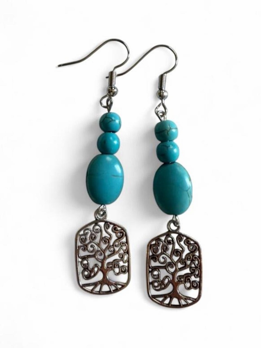 Handmade Turquoise Tree of Life Dangle Earrings Boho Spiritual Jewelry
